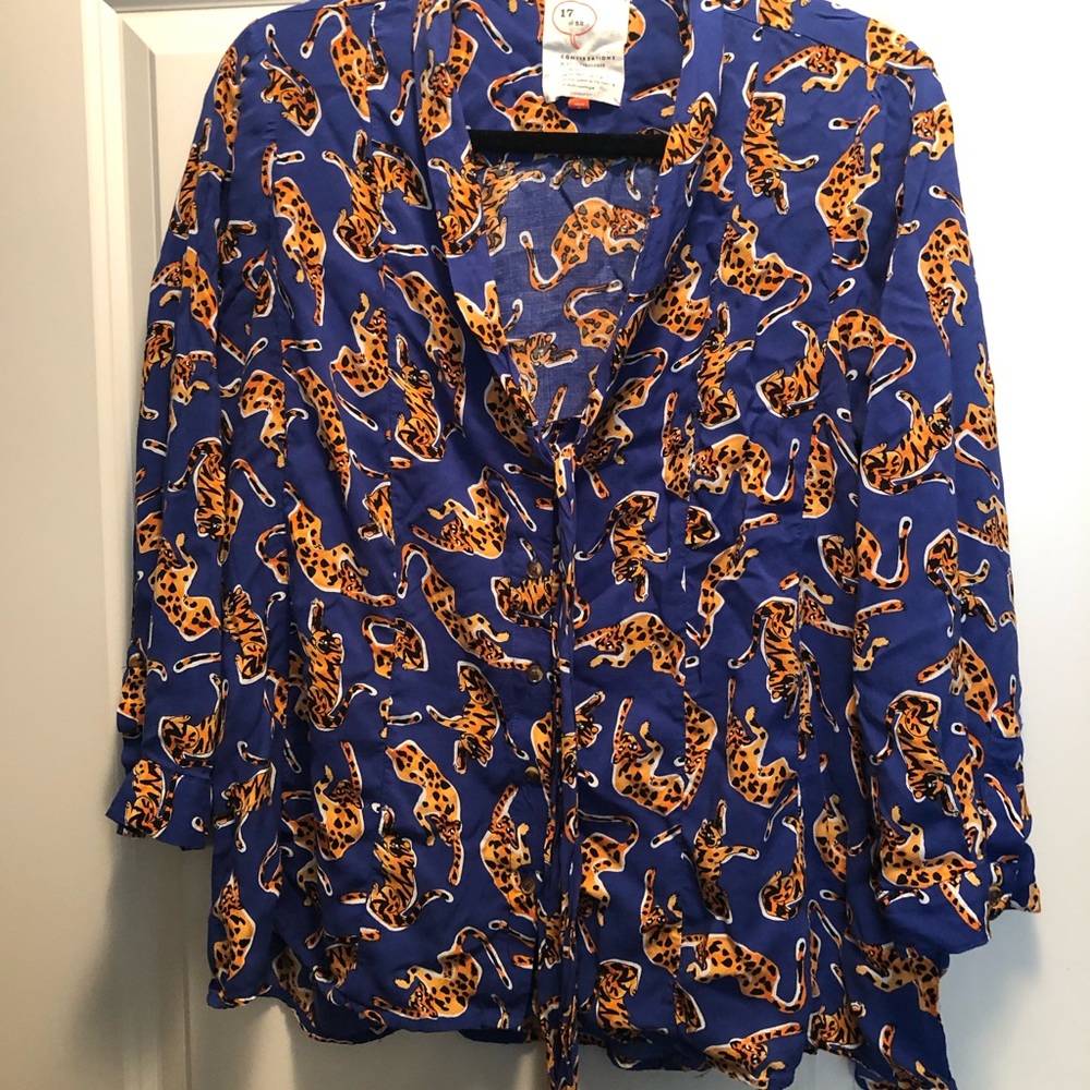 Anthropologie blue tiger dress shirt